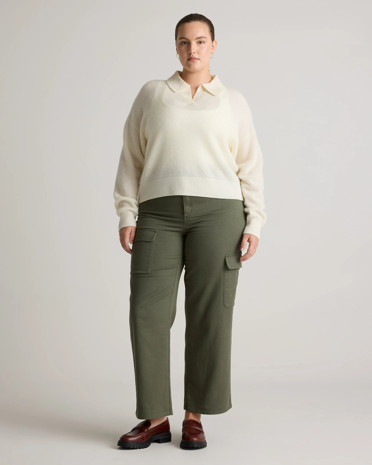 Baby Alpaca-Wool Waffle Stitch Polo Sweater - XS / Ivory