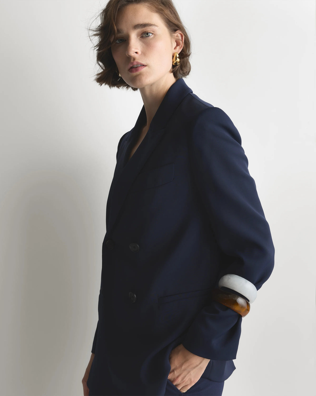 Stretch Crepe Relaxed Double-Breasted Blazer - XS / Sand