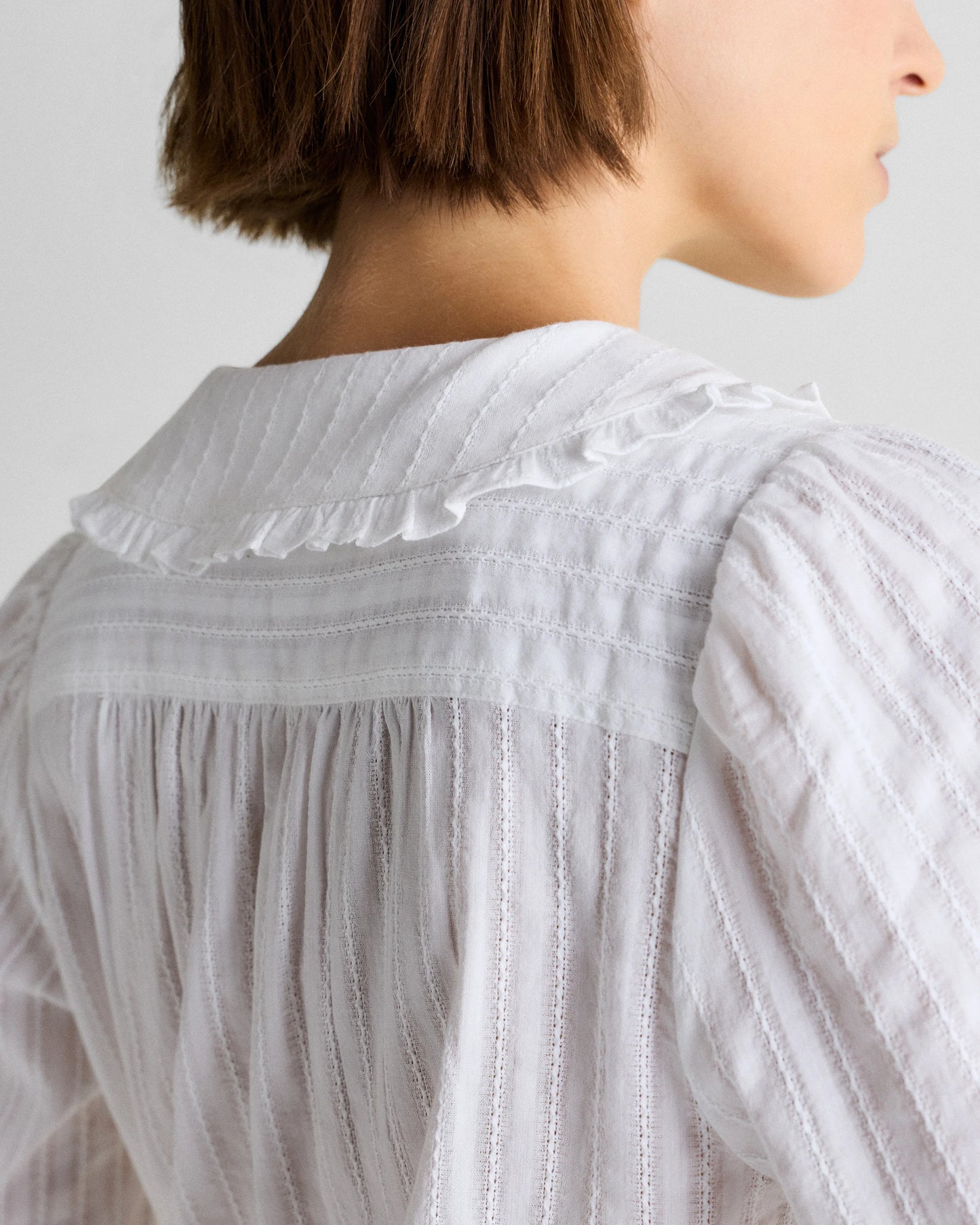 Embroidered Cotton Ruffle Collar Long Sleeve Blouse - XS / Ivory Rose Pink Petite Floral