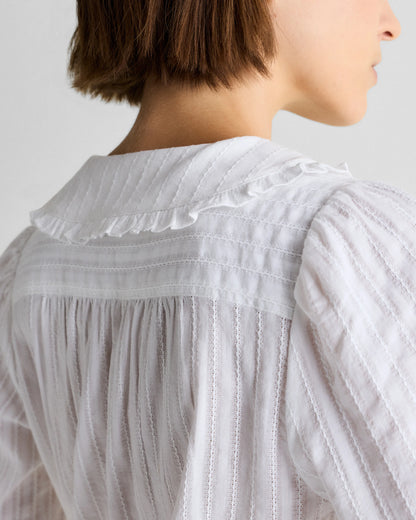 Embroidered Cotton Ruffle Collar Long Sleeve Blouse - XS / Ivory Rose Pink Petite Floral