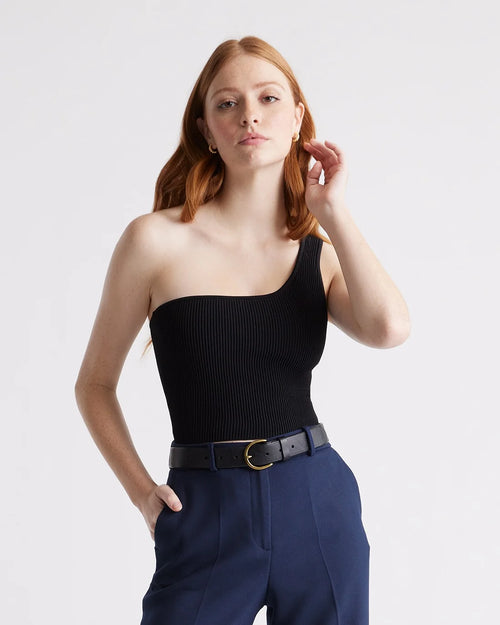 Cropped One Shoulder Ribbed Knit Tank - XS / Black