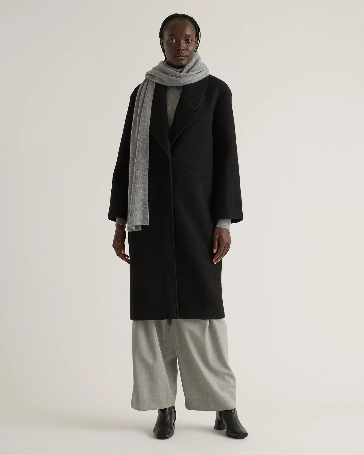 100% Merino Wool Shawl Collar Long Coat - XS / Heather Bone