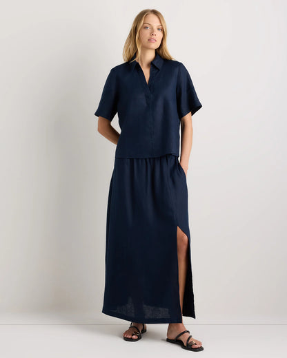 100% European Linen Short Sleeve Popover Top - XS / Blue Pinstripe