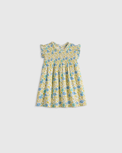 100% Organic Cotton Poplin Smocked Flutter Sleeve Dress - 3-6M / Blue Ditsy Floral