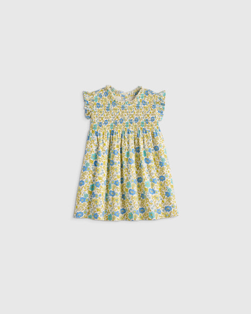 100% Organic Cotton Poplin Smocked Flutter Sleeve Dress - 3-6M / Blue Ditsy Floral