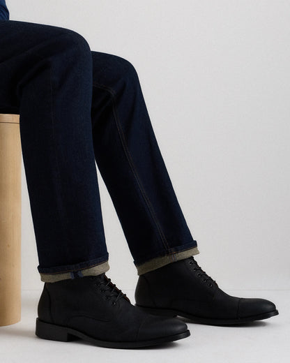 Crafted Leather Cap Toe Lace Up Boot - 7 / Matte Black