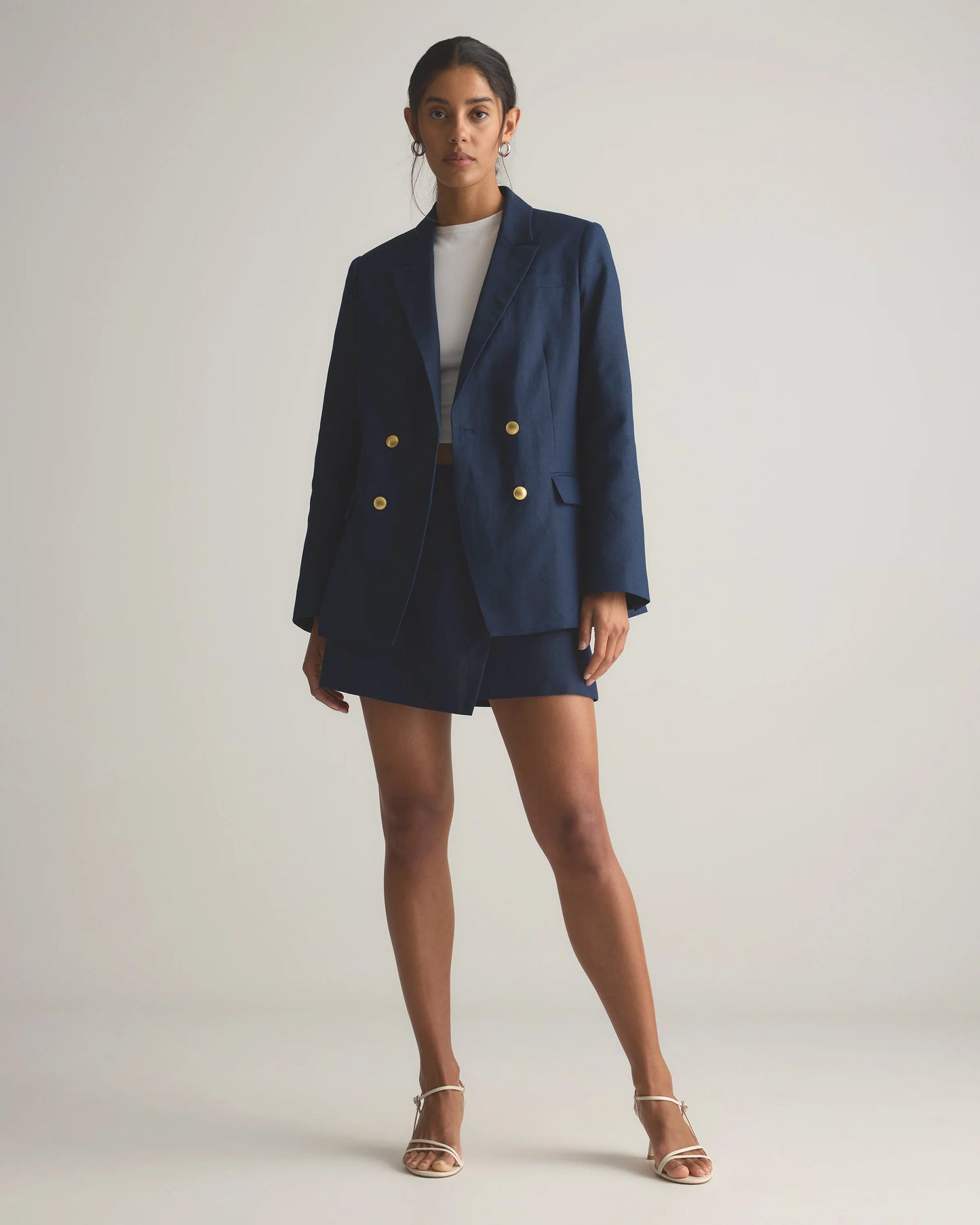 100% European Linen Relaxed Double-Breasted Blazer - XS / Blue Pinstripe