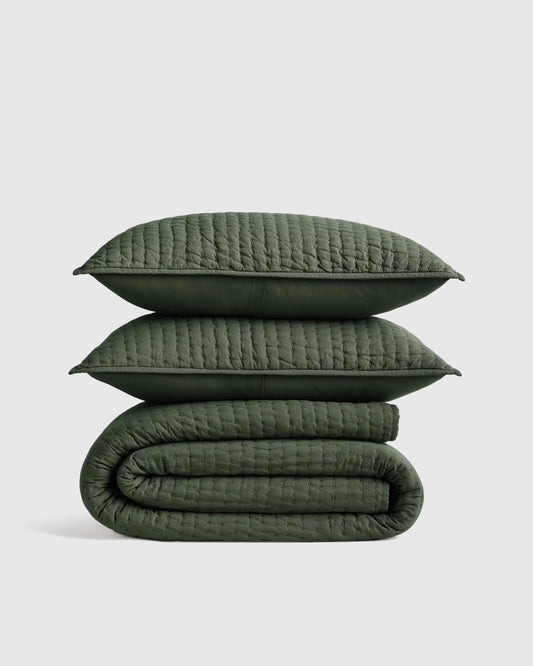 European Linen Cotton Stitch Quilt Set - Twin / Stone