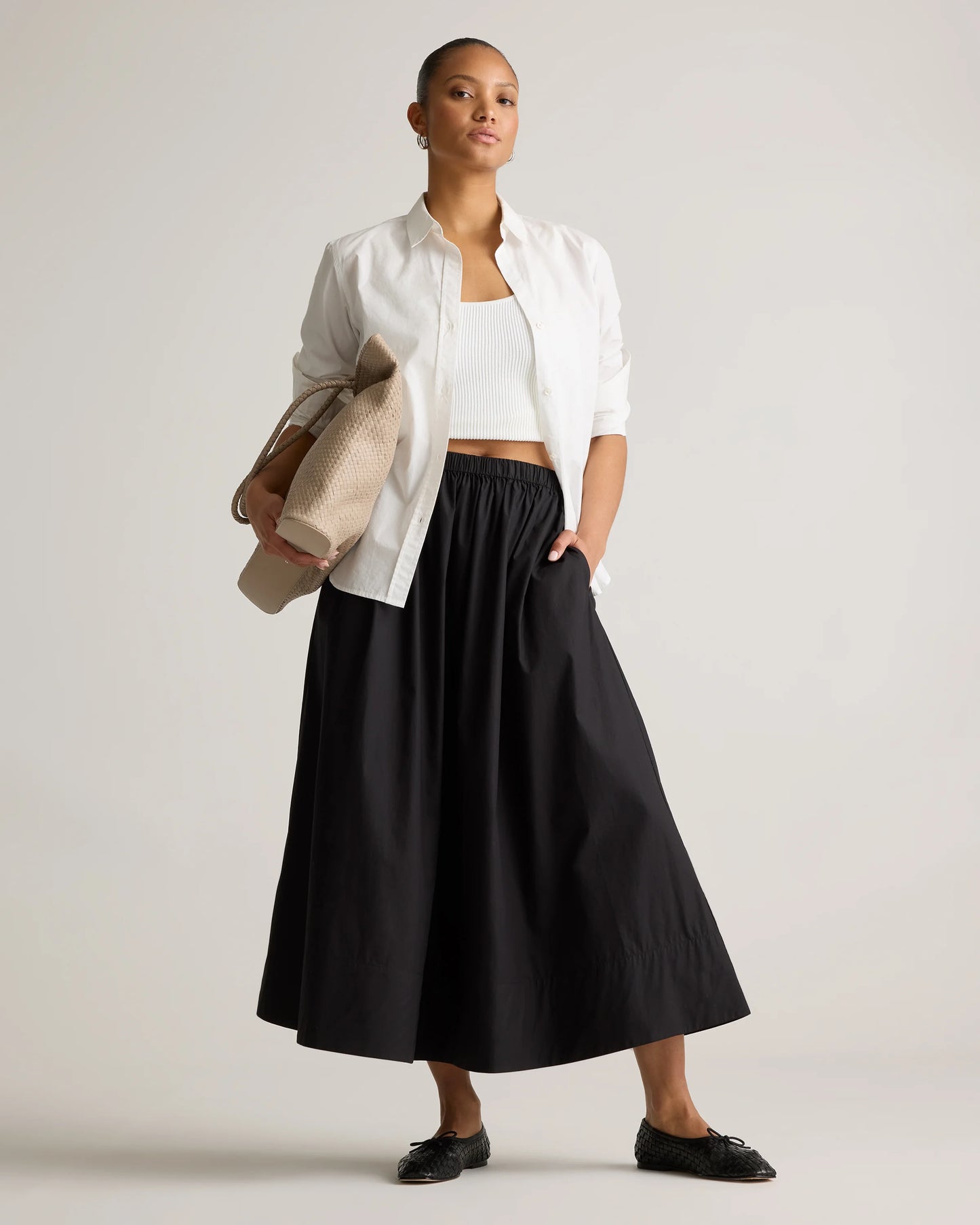 100% Organic Cotton Poplin A-line Maxi Skirt - XS / Classic White