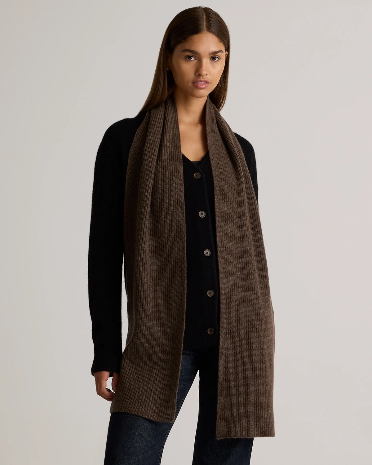 Mongolian Cashmere Ribbed Scarf - One Size / Brown