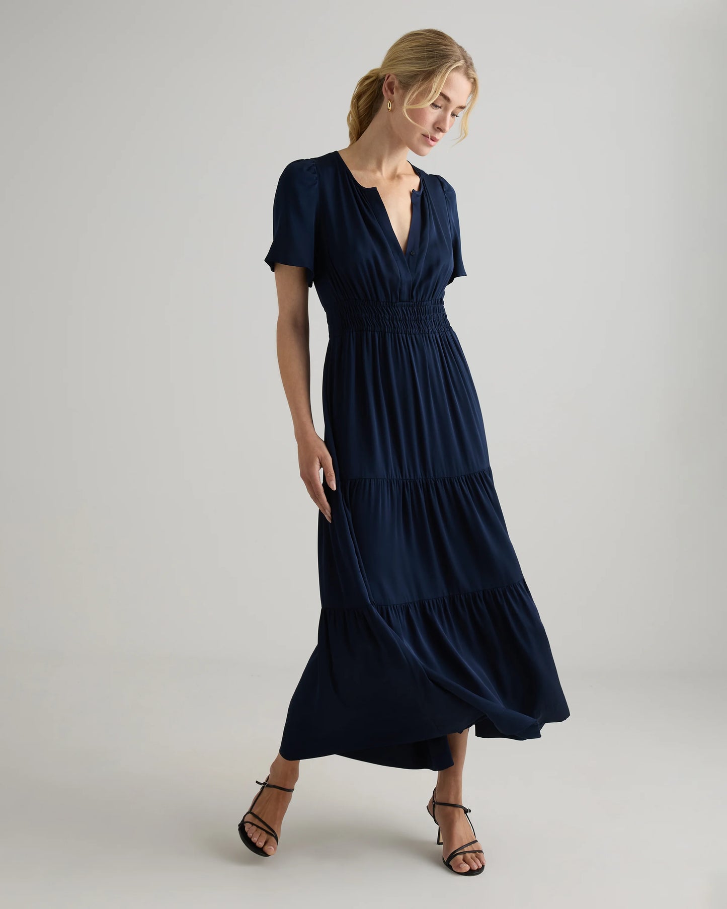 Washable Stretch Silk Tiered Maxi Dress - XS / Navy