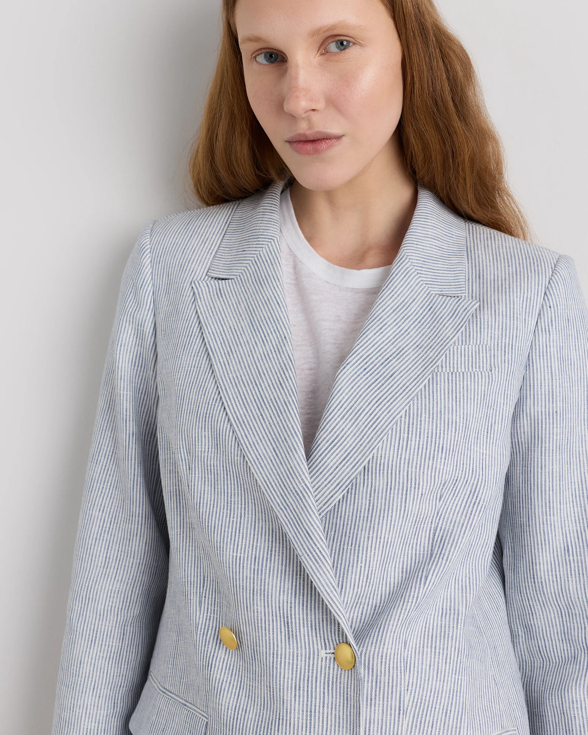 100% European Linen Relaxed Double-Breasted Blazer - XS / Blue Pinstripe