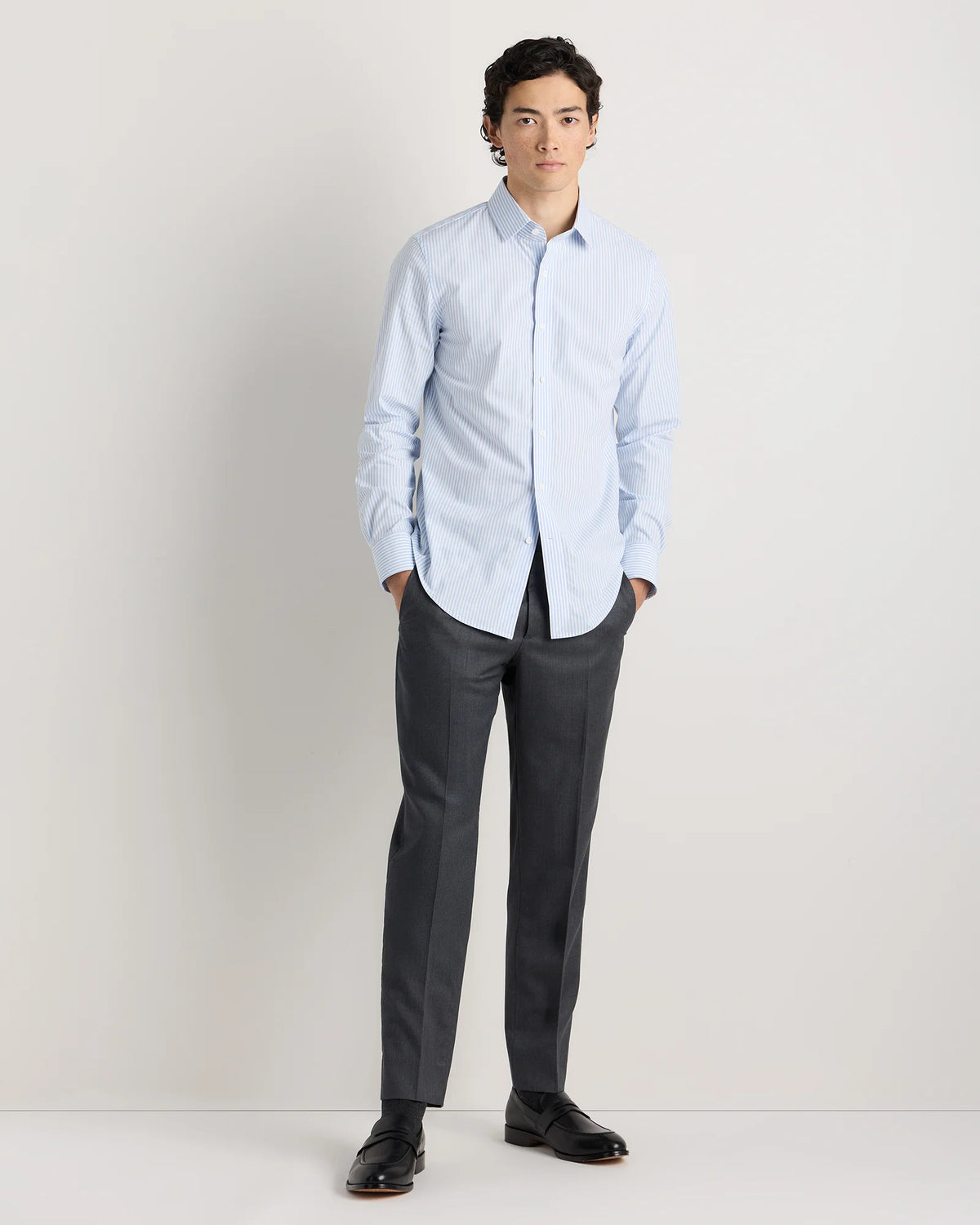 Organic Cotton Stretch Poplin Dress Shirt - S / Light Blue Stripe