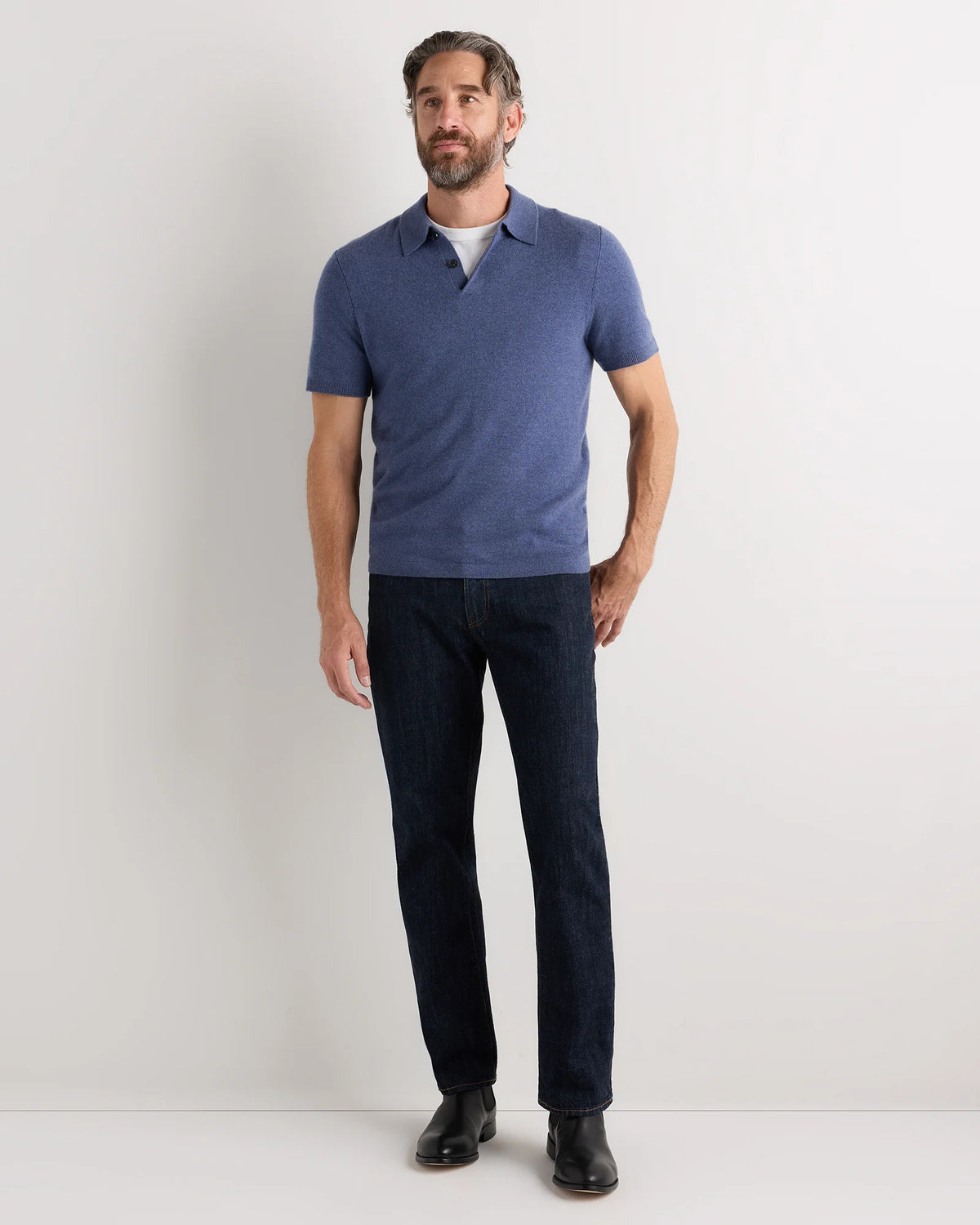 100% Mongolian Cashmere Short Sleeve Polo Sweater - S / Heather Storm Blue