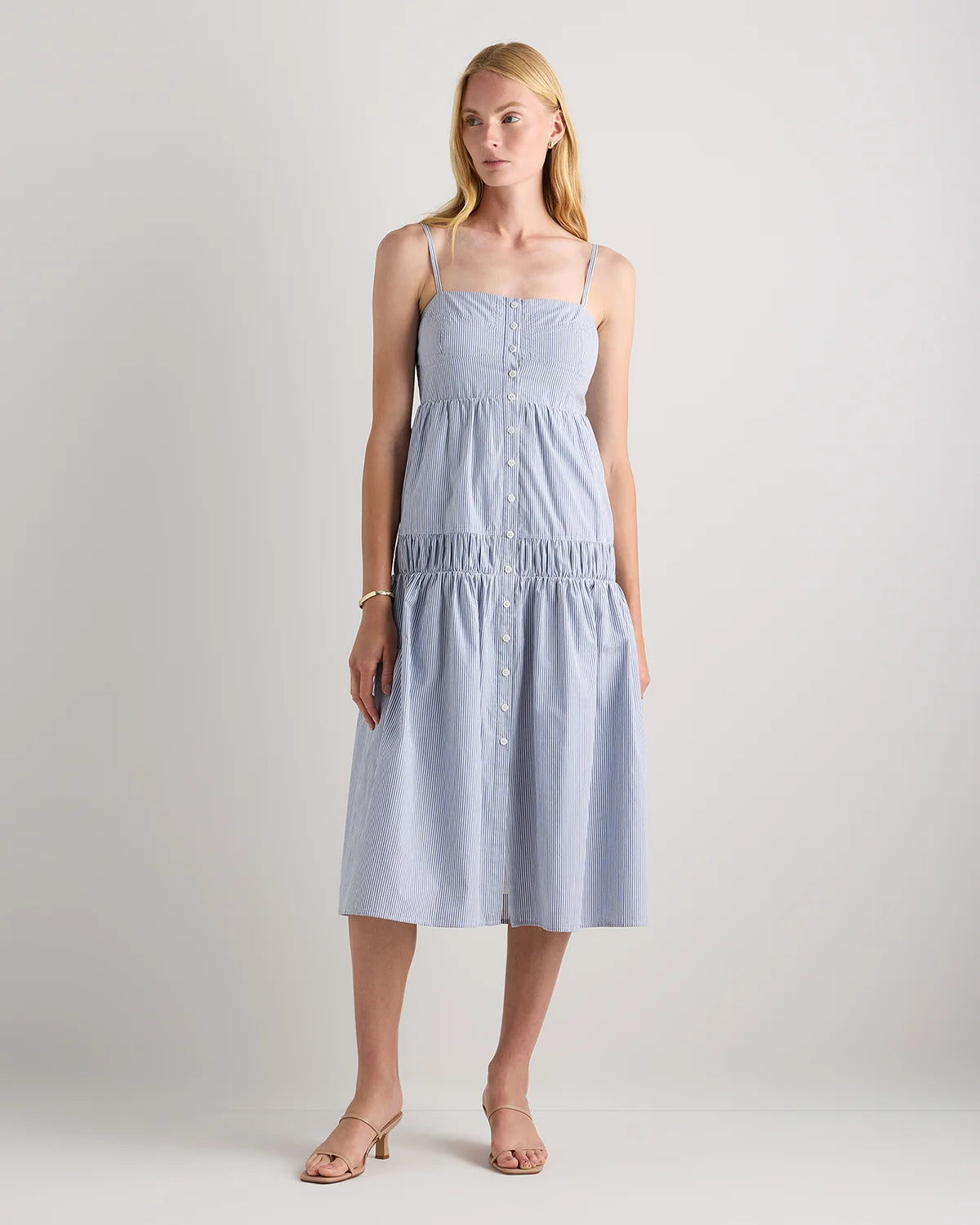 100% Organic Cotton Poplin Spaghetti Strap Maxi Dress - XS / Light Blue Stripe