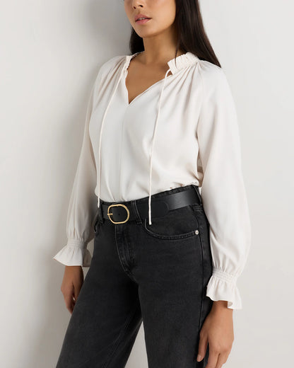 Drapey Chiffon Split Neck Long Sleeve Blouse - XS / Barolo Burgundy