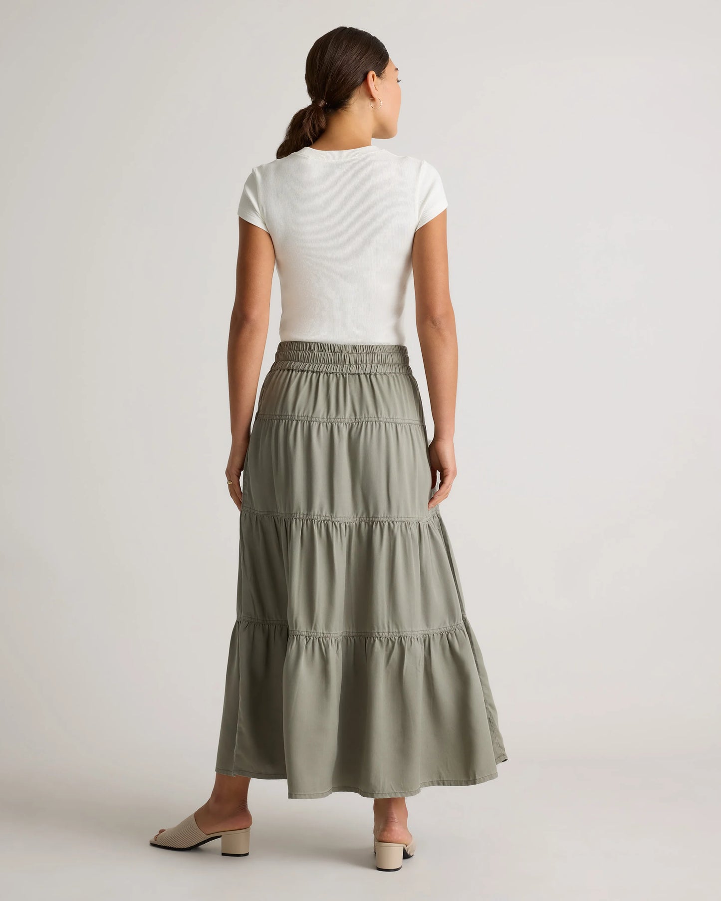 Vintage Wash Tencel Tiered Maxi Skirt - XS / Olive