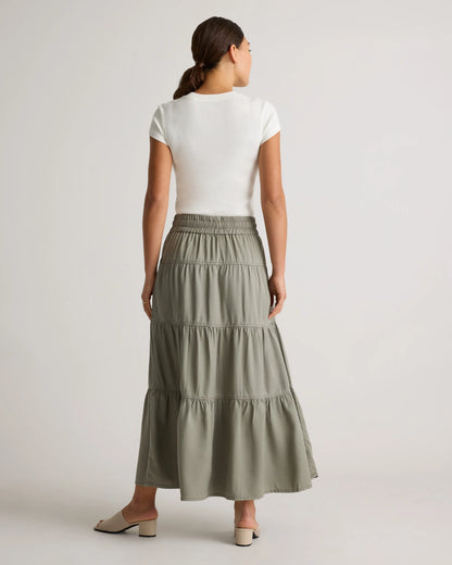 Vintage Wash Tencel Tiered Maxi Skirt - XS / Olive