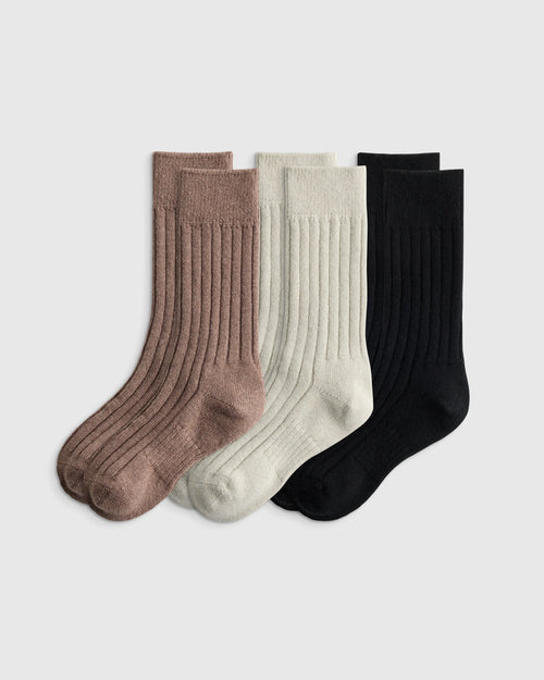Merino Cashmere Blend Ribbed Crew Sock (3-Pack) - S / Solid Neutral Multi Pack