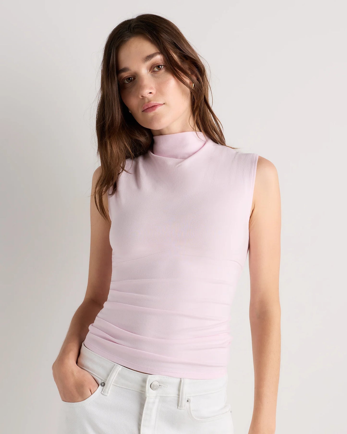 Stretch Cotton Jersey Sleeveless Mock Neck Top - XS / Heather Grey