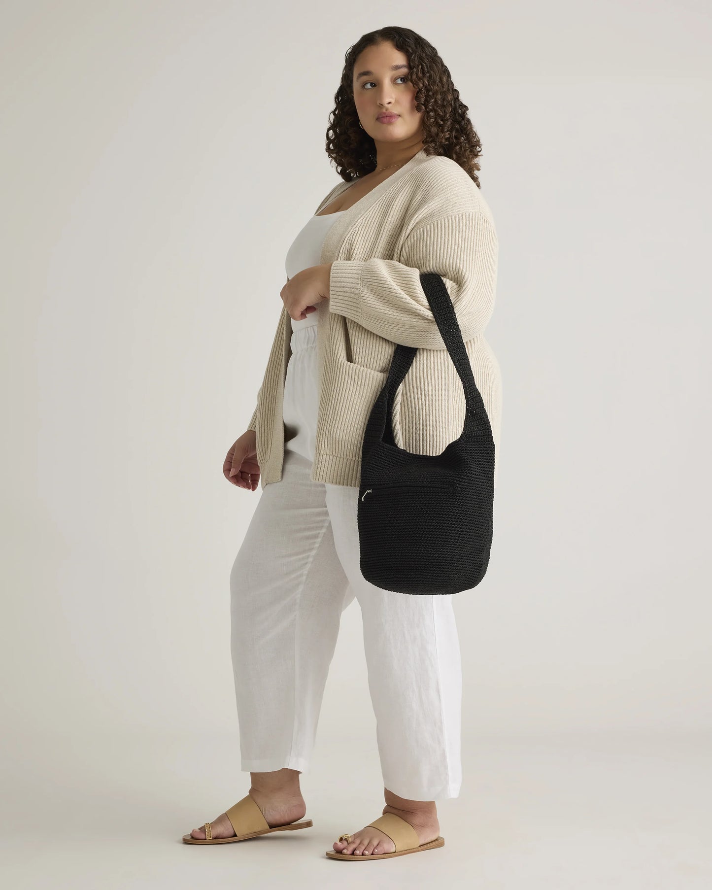 Hand Crochet Hobo Shoulder Bag - One Size / Black