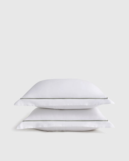 Signature Giza Cotton Sateen Embroidered Sham Set - Standard / White/Dried Sage