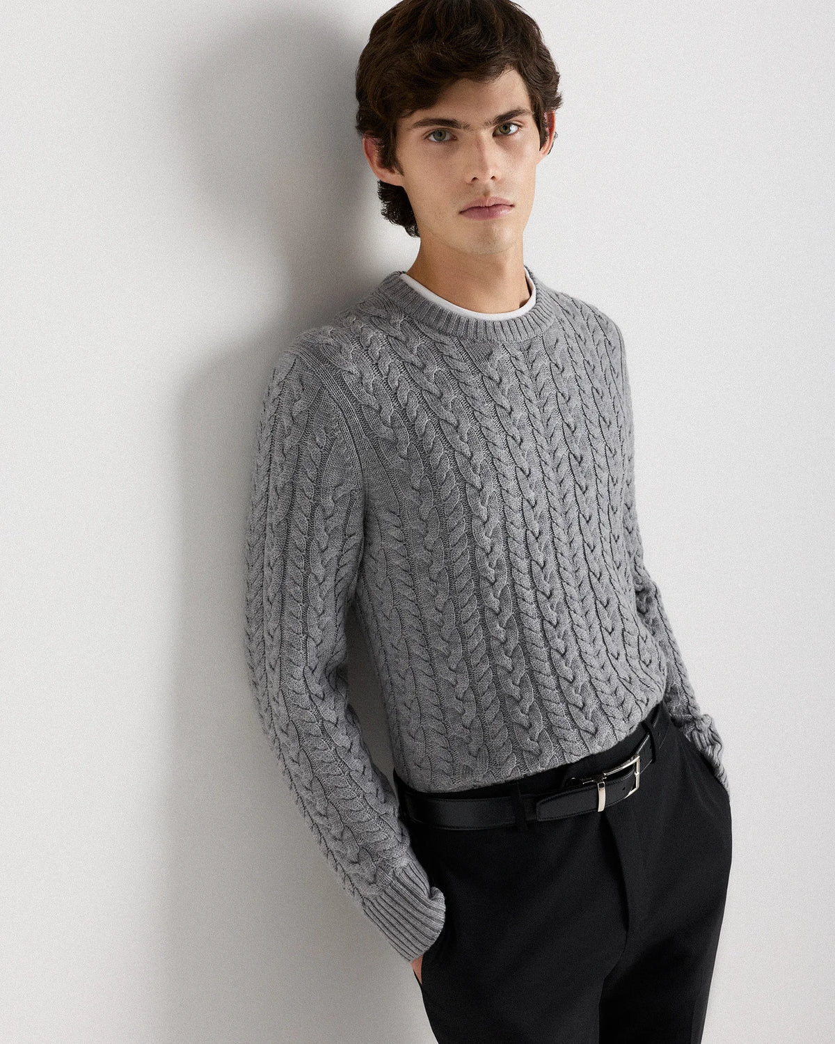 Australian Merino Wool Cable Crewneck Sweater - S / Heather Grey