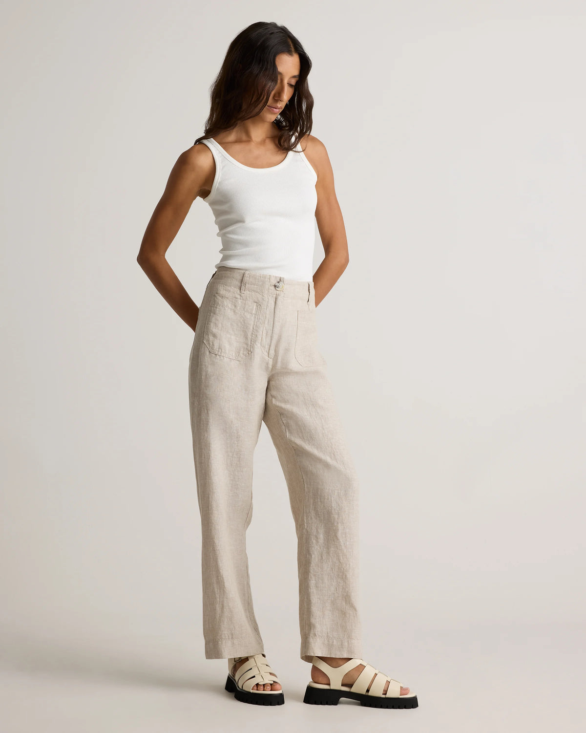 100% European Linen Patch Pocket Wide Leg Pants - 0 / Taupe Brown Chambray