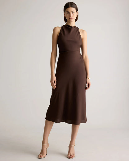 Washable Stretch Silk High Neck Midi Dress - XS / Vintage Navy Roses