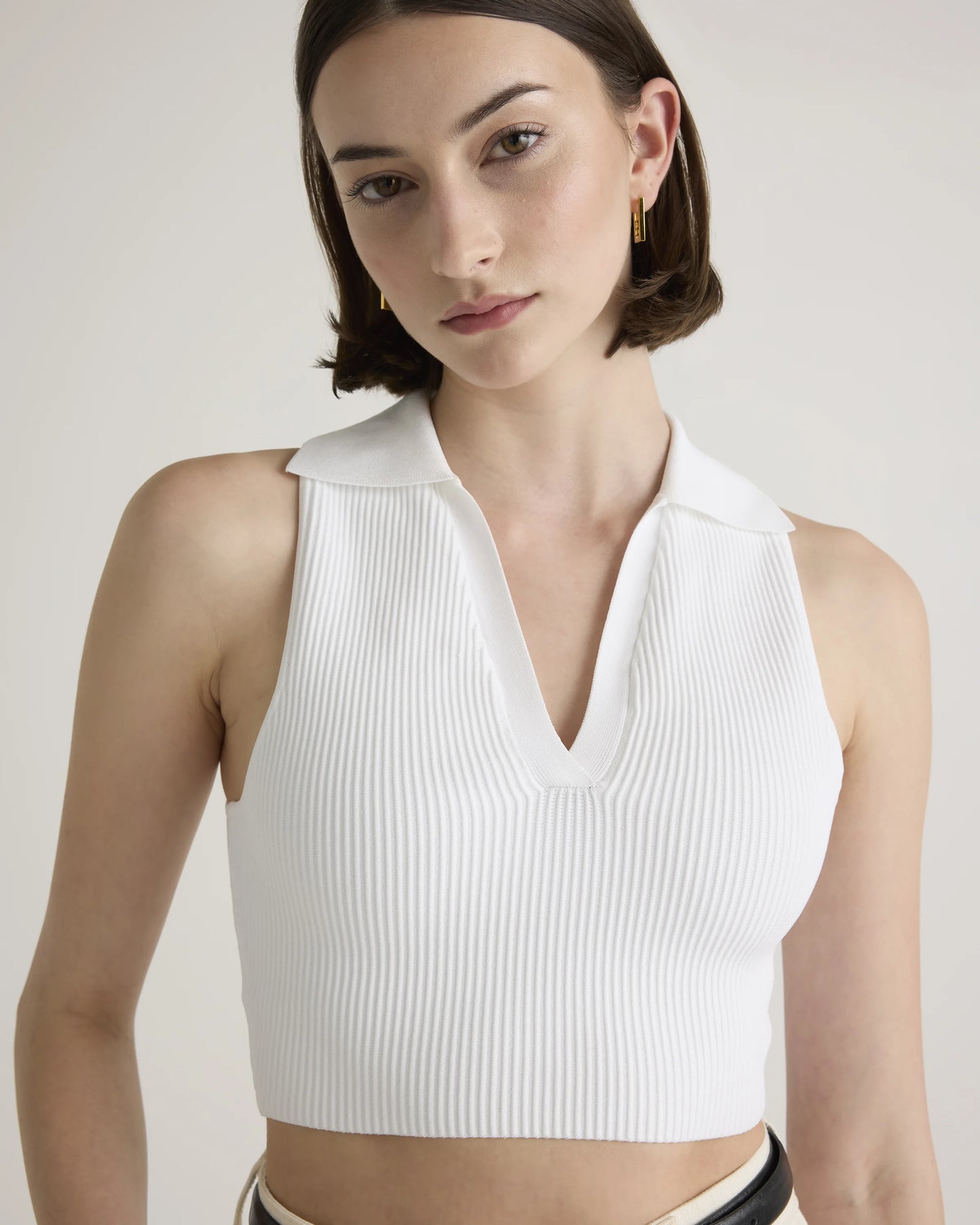 Cropped Polo Ribbed Knit Tank - XS / White