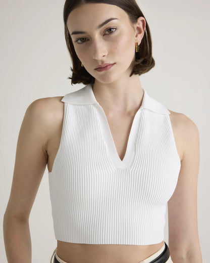 Cropped Polo Ribbed Knit Tank - XS / White