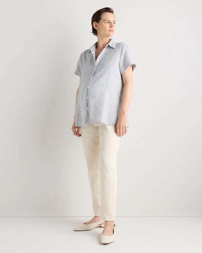 100% European Linen Maternity Camp Shirt - XS / Blue Pinstripe