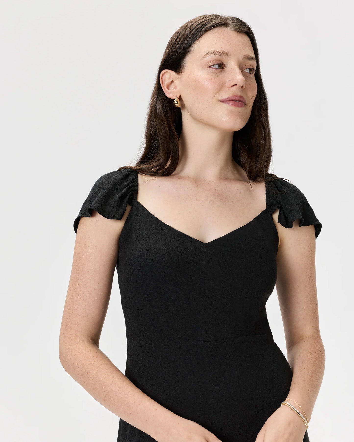 Lightweight Crepe Flutter Sleeve Midi Dress - XS / True Black