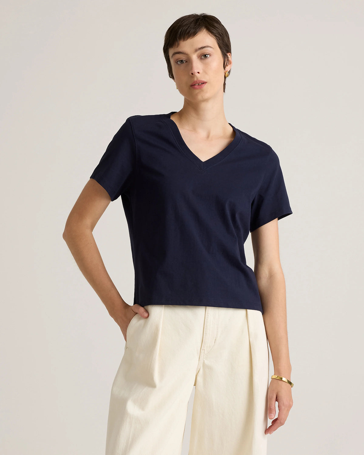 100% Organic Cotton Boxy V-Neck Tee - XS / Dusty Beige