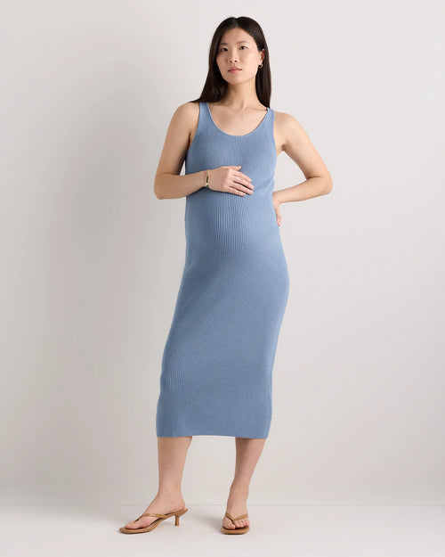 Lightweight Cotton Cashmere Maternity Fitted Midi Dress - XS / Mountain Spring Blue