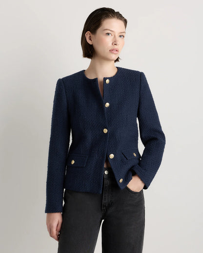Tweed Collarless Jacket - XS / Deep Navy