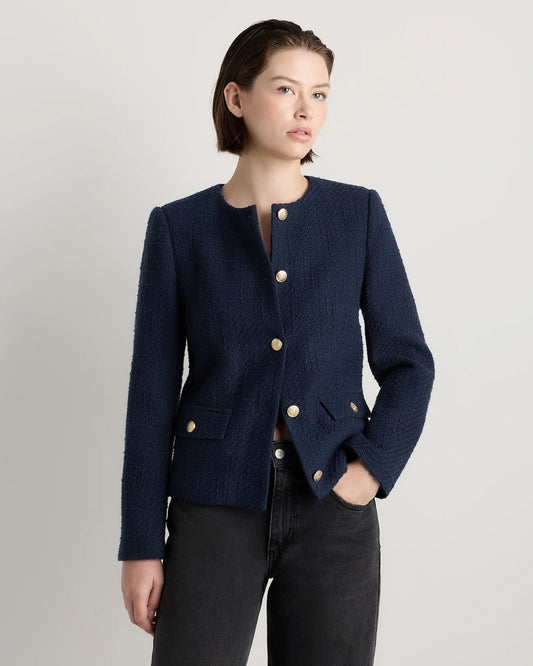 Tweed Collarless Jacket - XS / Deep Navy