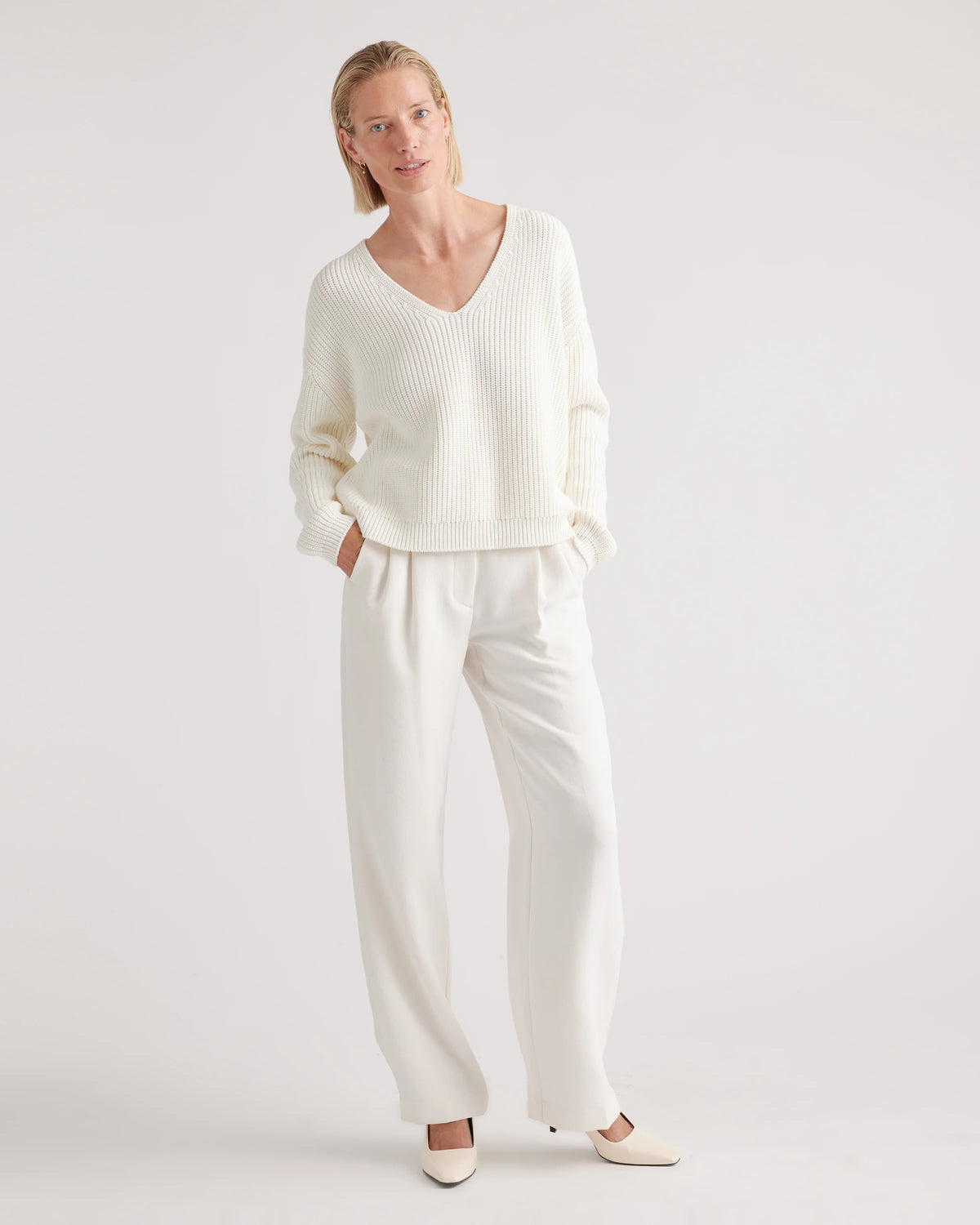 100% Organic Cotton Fisherman V-Neck Sweater - XS / Heather Brown