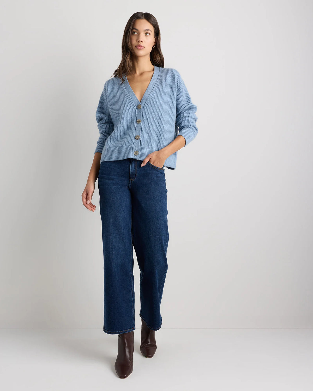 Mongolian Cashmere Fisherman Boxy Cropped Cardigan Sweater - XS / Faded Denim