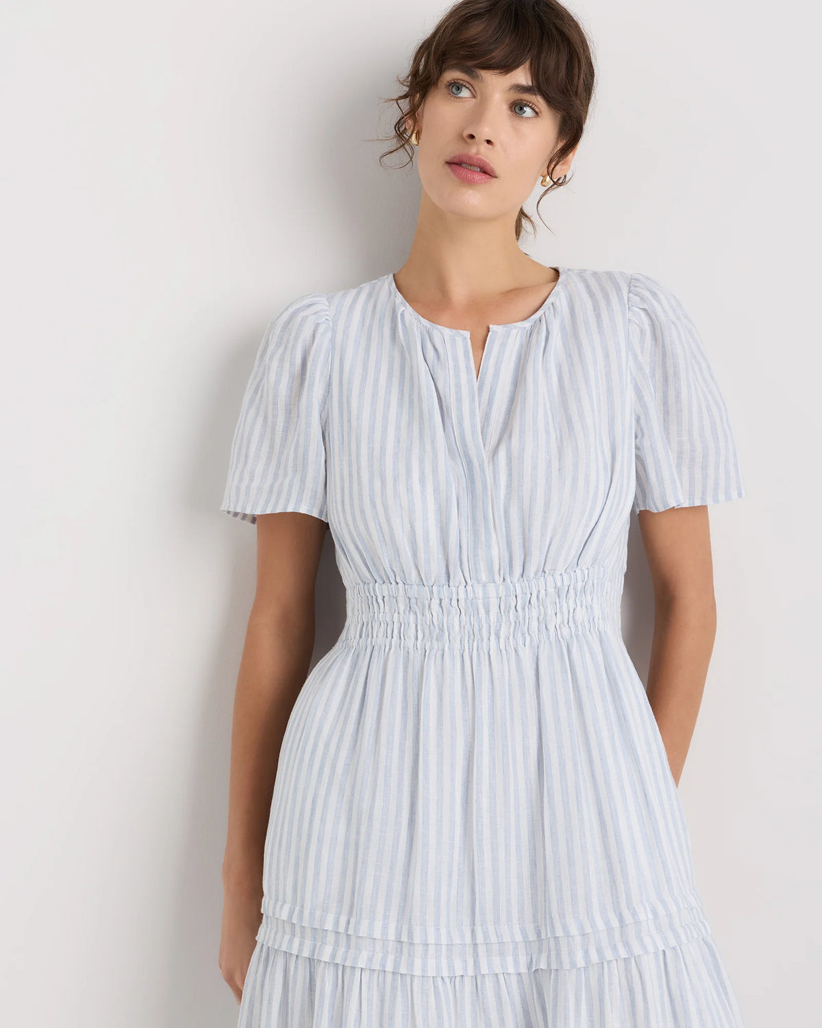 100% European Linen Tiered Maxi Dress - XS / Ivory Porcelain Blue Petite Floral