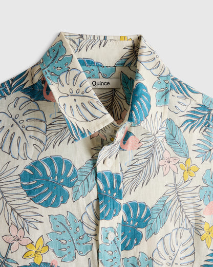 100% European Linen Printed Short Sleeve Shirt - 6 / Multi Palm