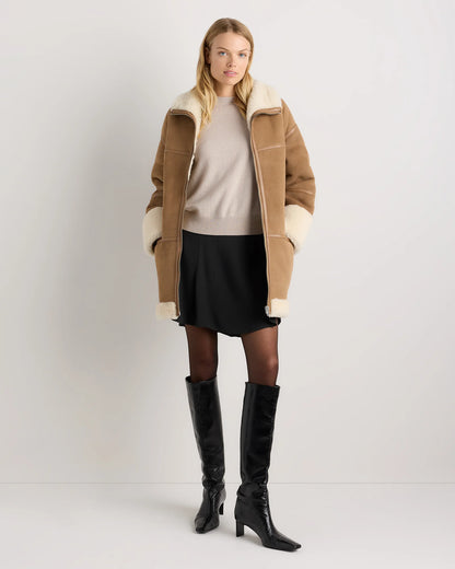 100% Shearling Long Coat - XS / Fawn/Off-White