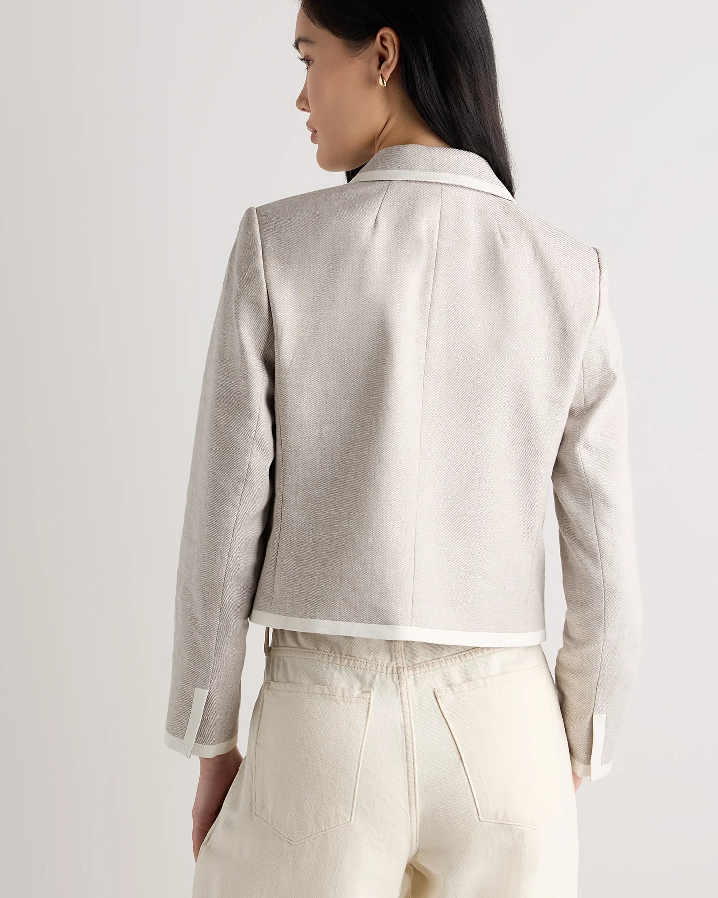 European Stretch Linen Cropped Lady Jacket - XS / Deep Navy/Ivory