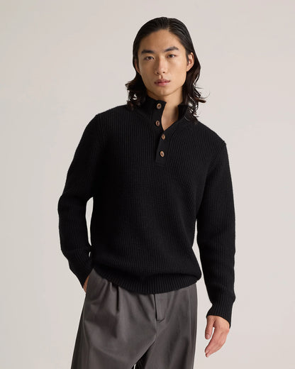 Mongolian Cashmere Waffle Quarter Button Sweater - S / Elk Brown