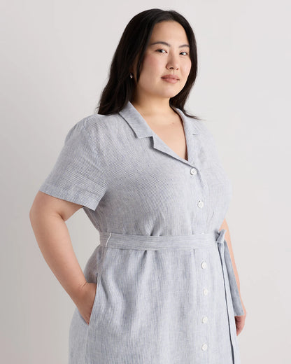 100% European Linen Button Front Dress - 1X / Blue Pinstripe
