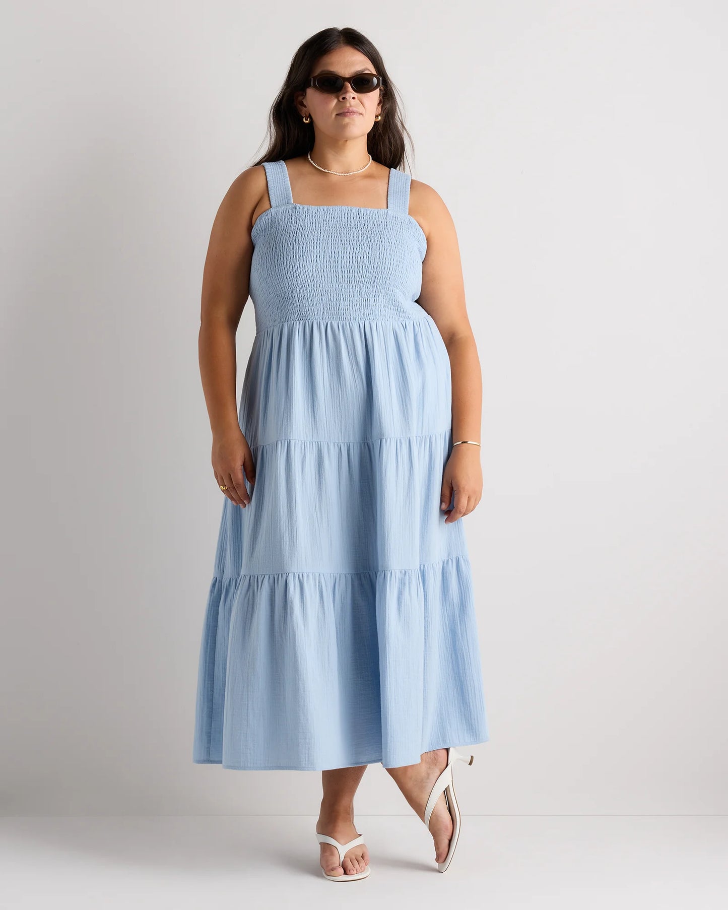 100% Organic Cotton Gauze Smocked Sleeveless Maxi Dress - 1X / Ocean Breeze