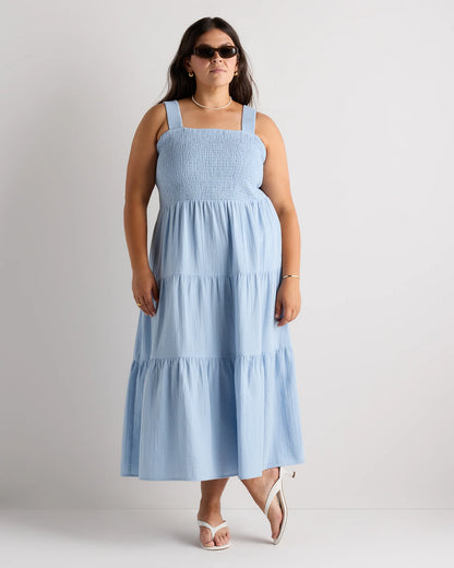 100% Organic Cotton Gauze Smocked Sleeveless Maxi Dress - 1X / Ocean Breeze