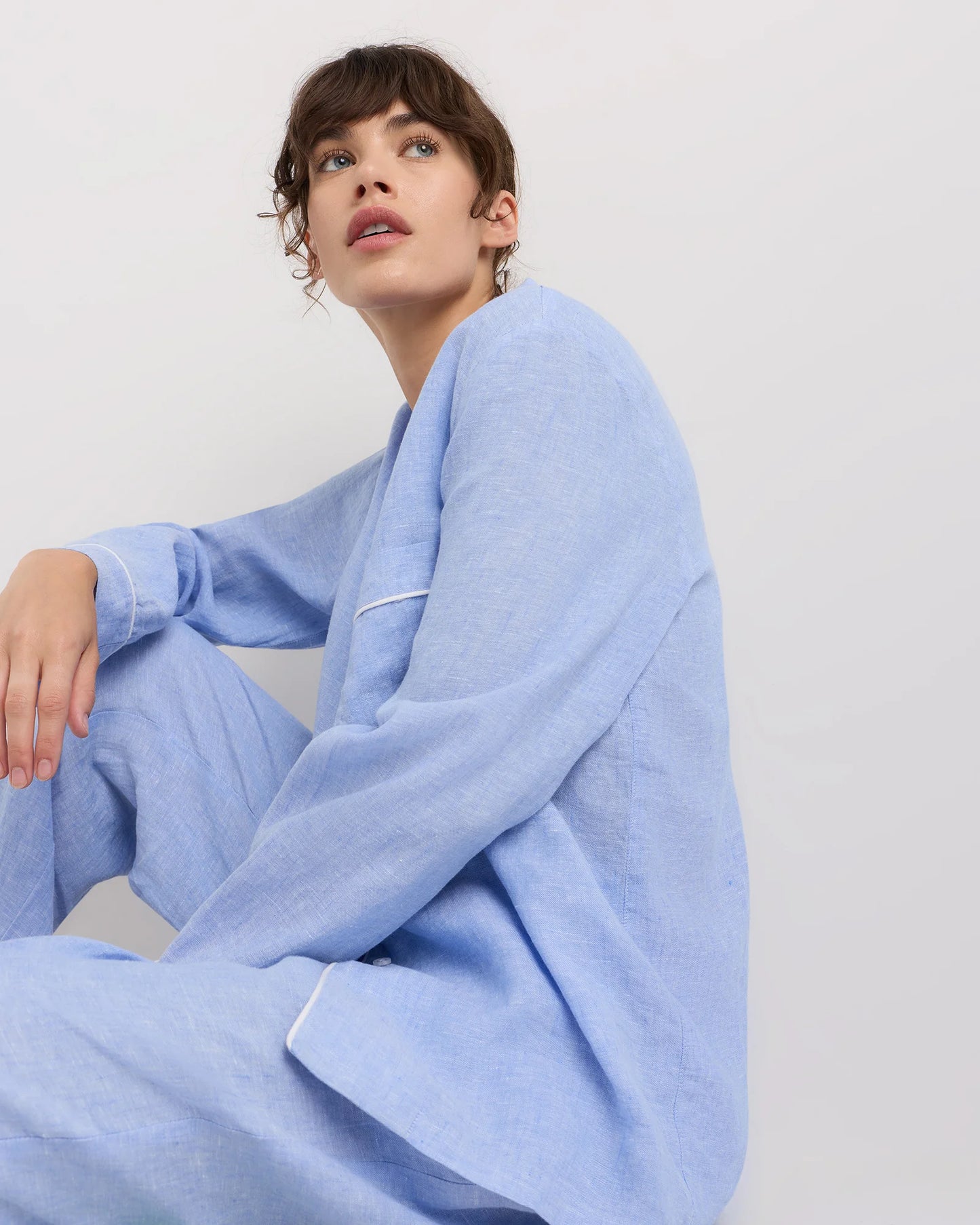 100% European Linen Long Sleeve Pajama Set with Piping - XS / Taupe Brown Gingham