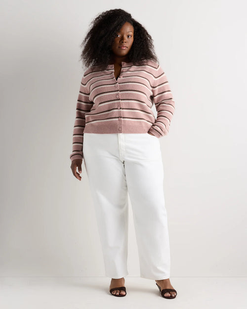 Mongolian Cashmere Cropped Crew Cardigan - 1X / Heather Vintage Pink / Brown Variegated Stripe
