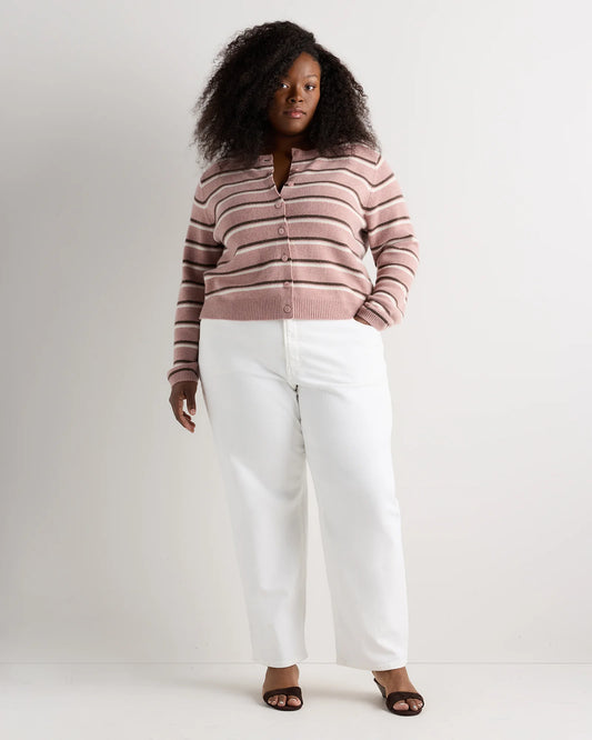 Mongolian Cashmere Cropped Crew Cardigan - 1X / Heather Vintage Pink / Brown Variegated Stripe